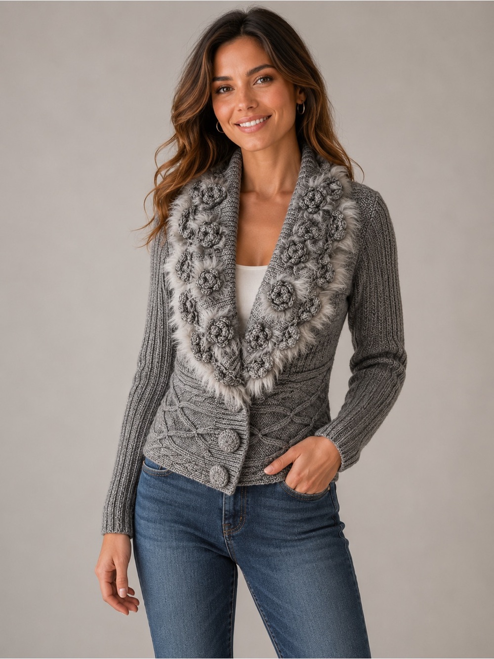 Roz & Ali Cable Knit Faux Fur Crocheted buttons & embellish Sz PL * Host Pick *